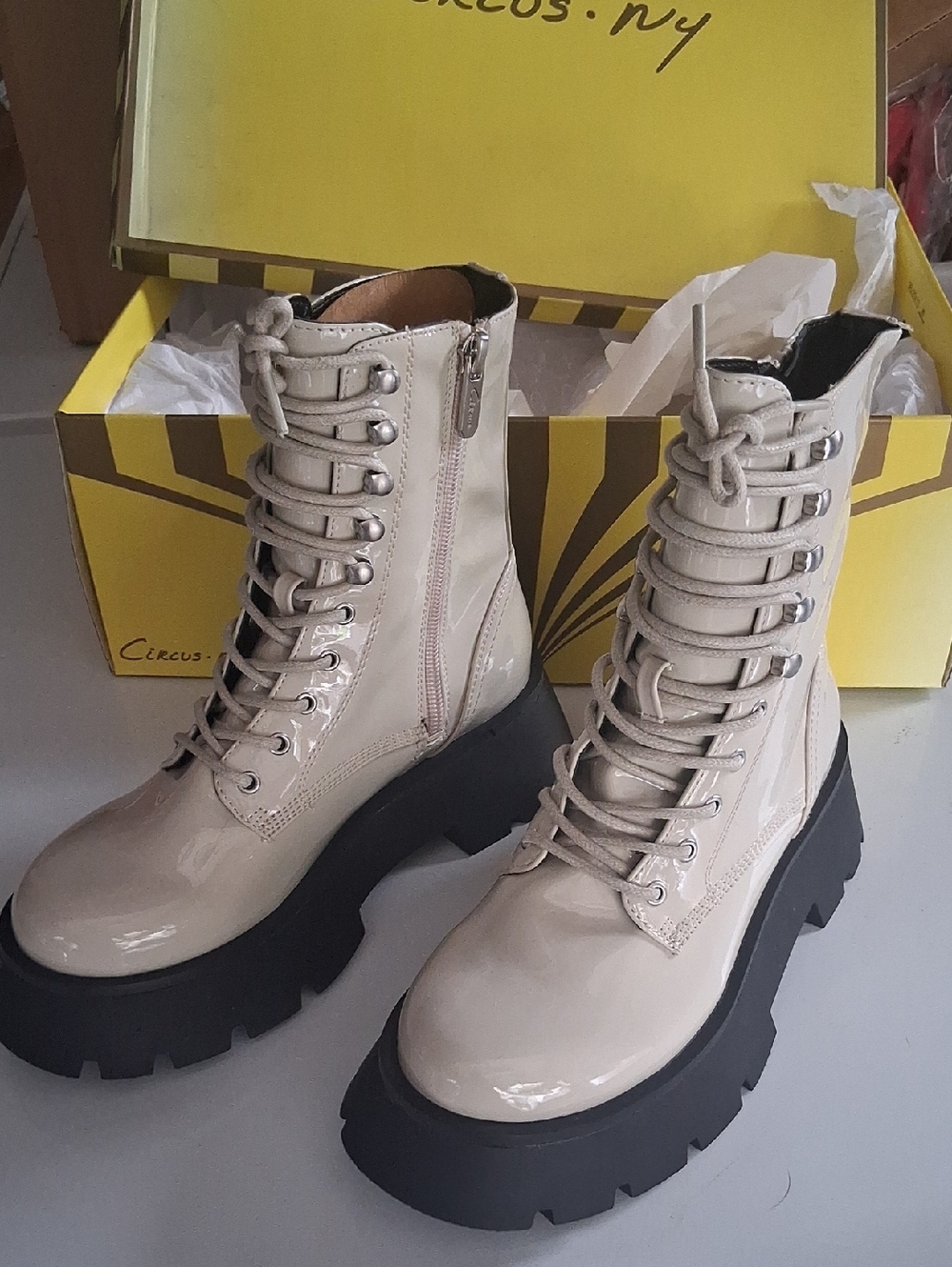 CIRUS NY Chunky Lace-Up Combat Boots in Cream